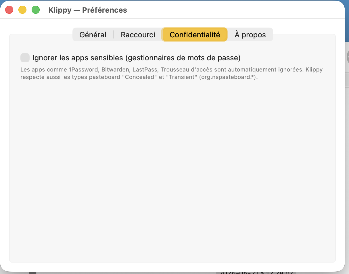 Réglages de confidentialité de Klippy